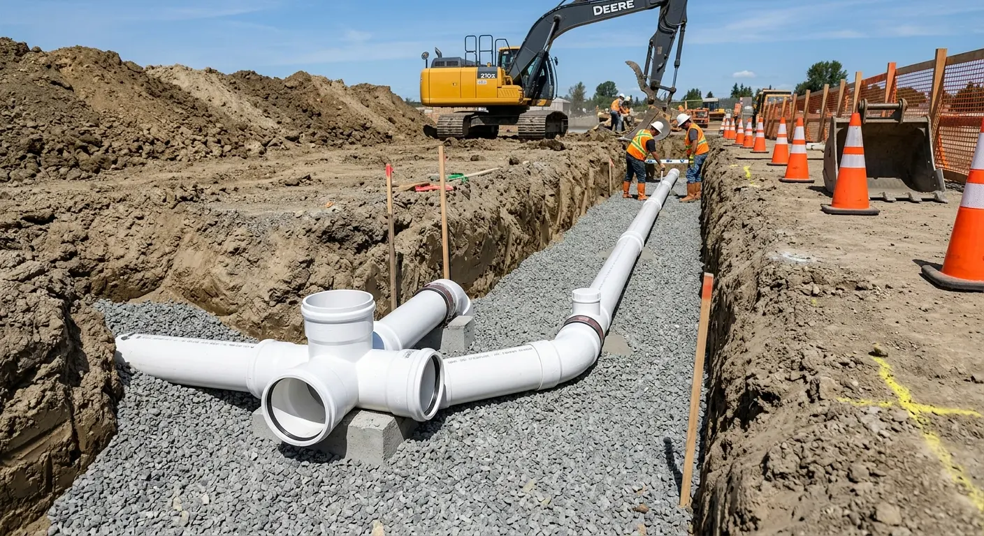 New PVC sewer pipe installation in open trench for Commercial Drain Cleaning in Muskogee