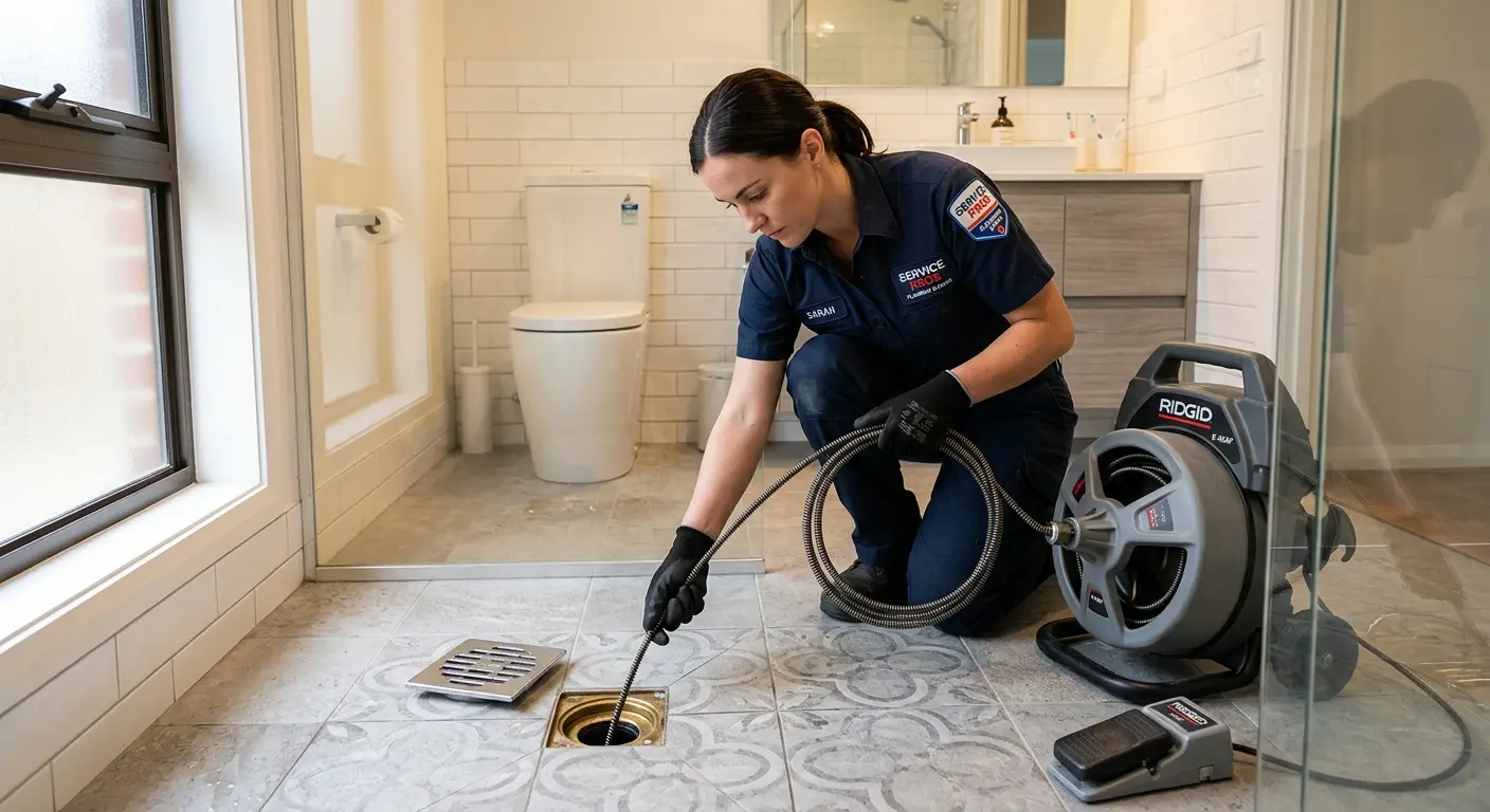 Technician clearing a bathroom floor drain for Clogged Drain Repair in Muskogee
